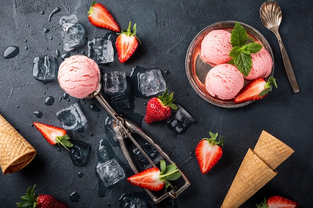 Flat lay with strawberry ice cream