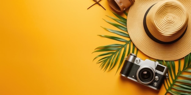 flat lay with traveler accessories tropical palm leaf retro camera sun hat starfish on yellow bac