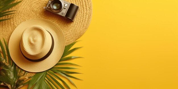 flat lay with traveler accessories tropical palm leaf retro camera sun hat starfish on yellow bac
