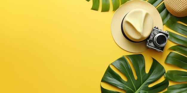 Плоскость с аксессуарами для путешественников тропический пальмовый лист ретро камера солнечная шляпа морская звезда на желтом