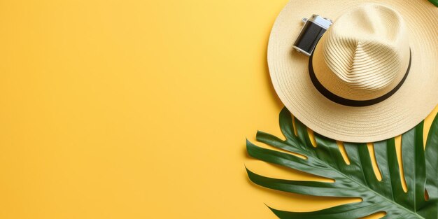 flat lay with traveler accessories tropical palm leaf retro camera sun hat starfish on yellow