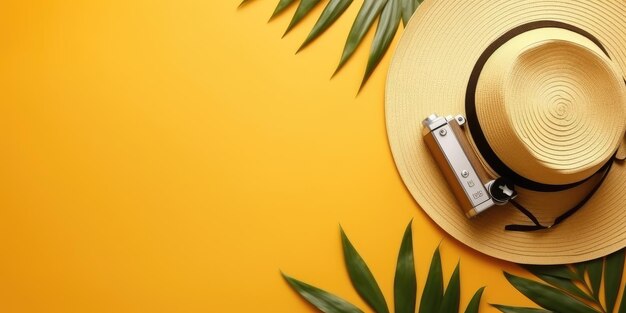 flat lay with traveler accessories tropical palm leaf retro camera sun hat starfish on yellow