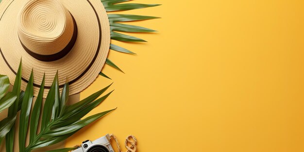 flat lay with traveler accessories tropical palm leaf retro camera sun hat starfish on yellow
