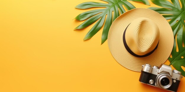 flat lay with traveler accessories tropical palm leaf retro camera sun hat starfish on yellow