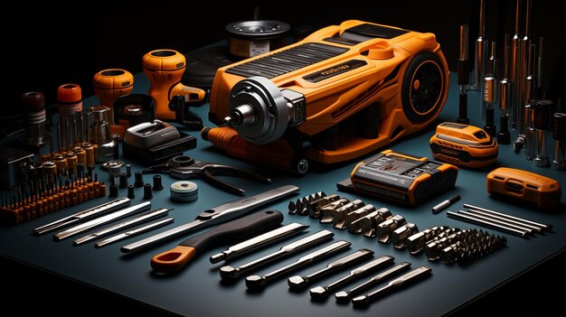 Flat lay with various construction tools on black background top viewgenerative ai