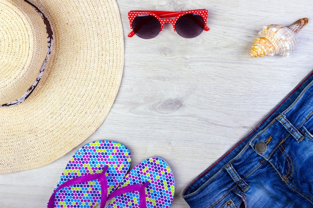 Flat lay with various summer accessories