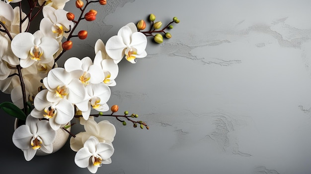 A flat lay with a white orchid bloom on a gray textured backdrop with room for writing GENERATE AI