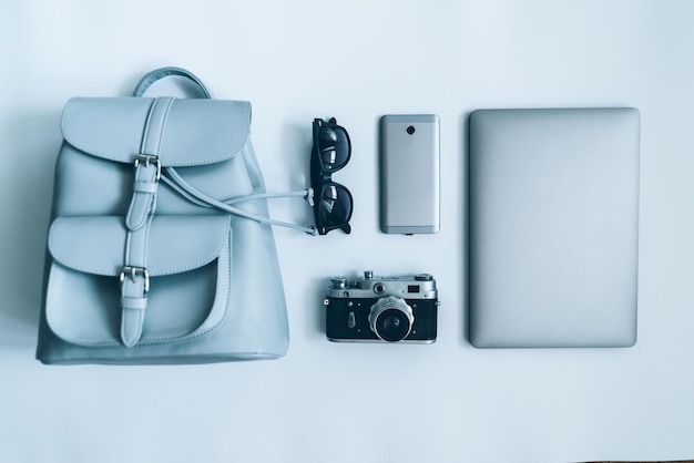 Photo flat lay with woman staff on white background