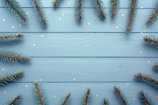 Flat lay with wooden background, silver spruce and gold stars. Christmas and new year background