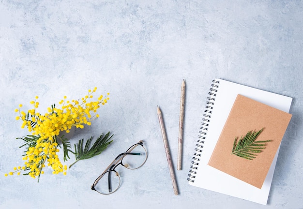 Flat lay with yellow mimosa flower a glasses a craft notebook and pencils on a blue table Women's floral desktop top view and copy space