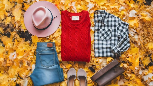 Photo flat lay of woman style and accessories red knitted sweater checkered shirt denim jeans hat au