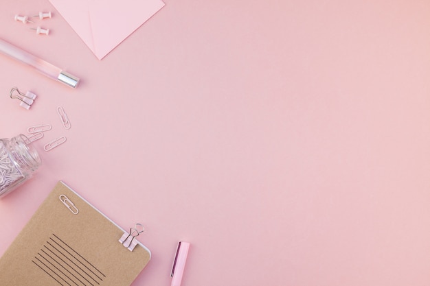 Flat lay of woman workspace desk