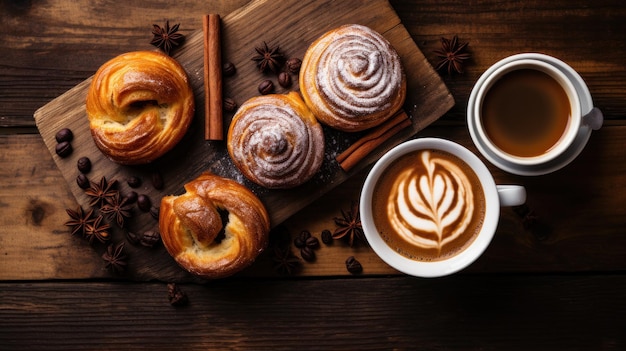 A flat lay of a wooden table with a variety of baked goods including cinnamon rolls muffins