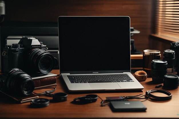 Flat lay of workstation with copy space and laptop