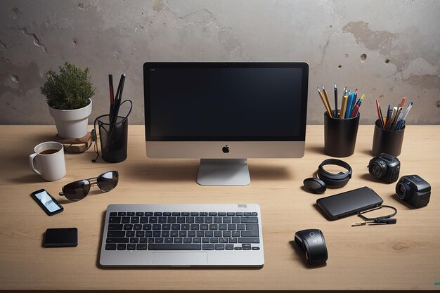 Flat lay of workstation with copy space and laptop