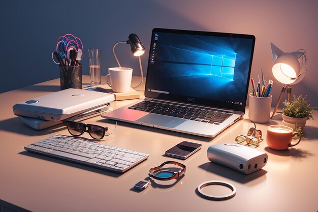 Flat lay of workstation with copy space and laptop