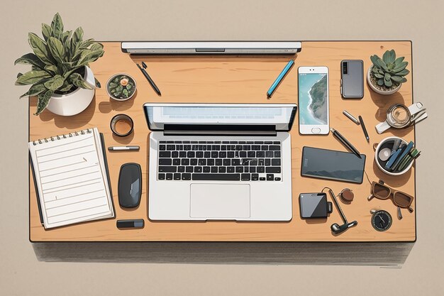 Flat lay of workstation with copy space and laptop