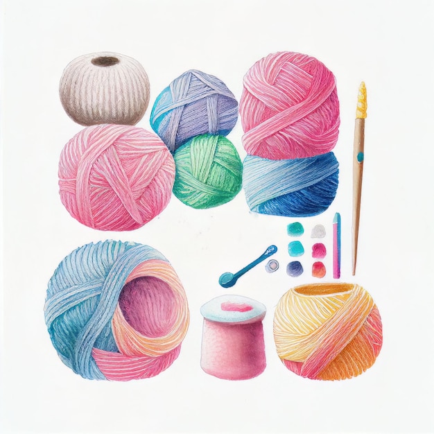 Flat lay yarn and accessories for craft knitting and crochet Created with Generative AI technology
