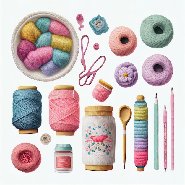 Photo flat lay yarn and accessories for craft knitting and crochet created with generative ai technology