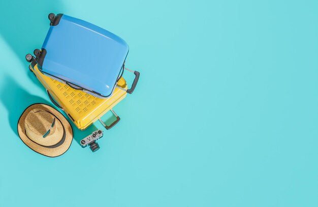 Flat lay yellow and blue suitcase and travel accessories on light blue background Summer travel concept3d model and illustration