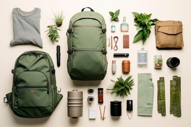 Flat lay of ZeroWaste Travel ecofriendly packing practices concept AI generative