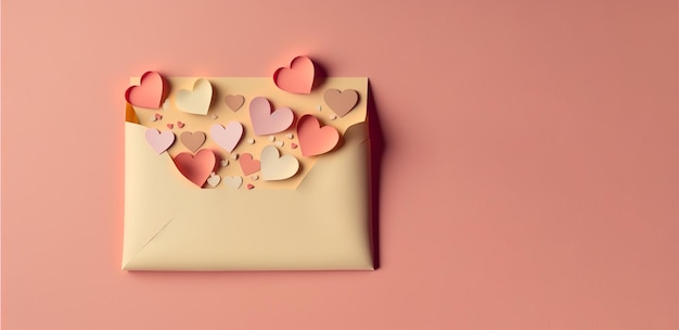 記念日やバレンタインデー用のピンクの背景にペーパークラフトのハートが付いたラブレター封筒のフラットなレイアウトジェネレーティブ Ai