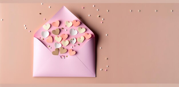 Flat layout of a love letter envelope with papercraft hearts on a pink backdrop for an anniversary or Valentine's Day Generative Ai