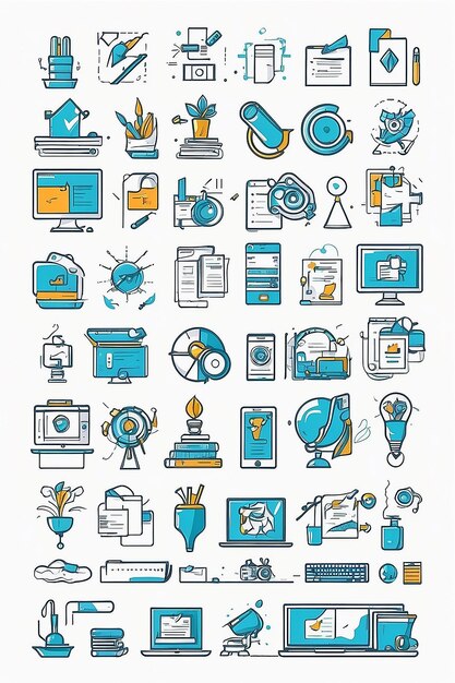 Photo flat line design graphic image concept website elements layout of creative team icons collection of creative work flow items and elements vector illustration