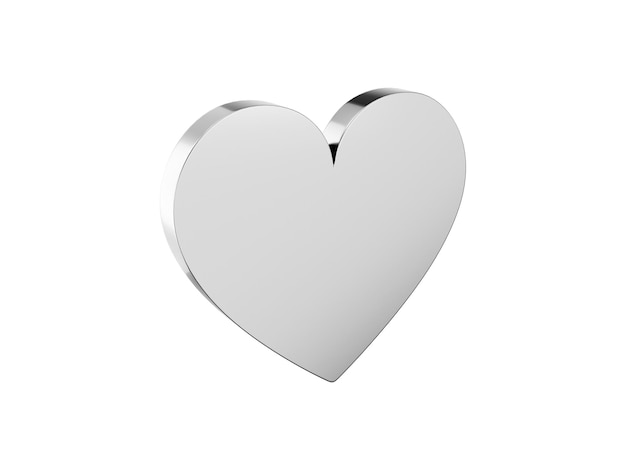 Flat metal heart Silver one color Symbol of love On a plain white background View left side 3d rendering