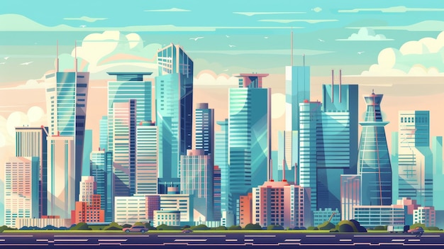 Плоская современная иллюстрация городского пейзажа с небоскребами, городской архитектурой, башнями, зданиями и дорогой.