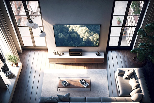 Flat panel television in front of window in modern furnished apartment top view generative ai