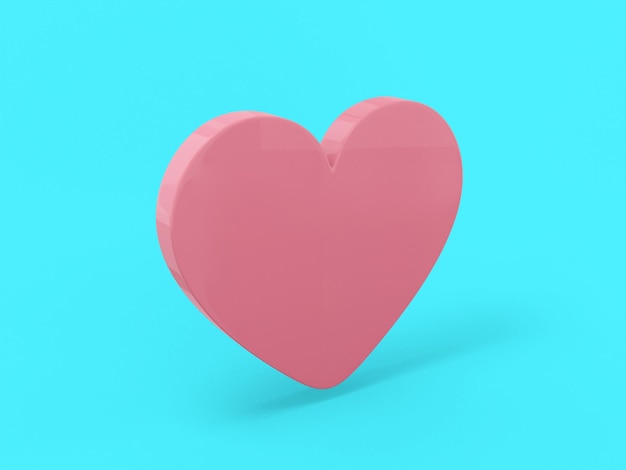 Flat pink single color heart on a blue monochrome background. Minimalistic design object. 3d rendering icon ui ux interface element.