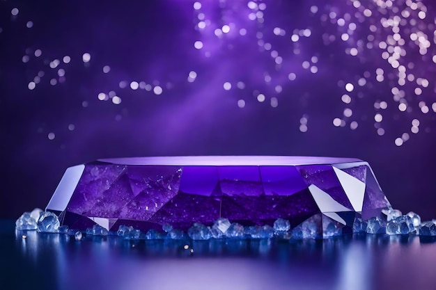 Flat purple stone cosmetic podium background with crystal ice in the photo studio beautiful materials