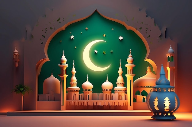 Flat Ramadan Mubarak greeting card vector design with mosque and lateen lamp and moon