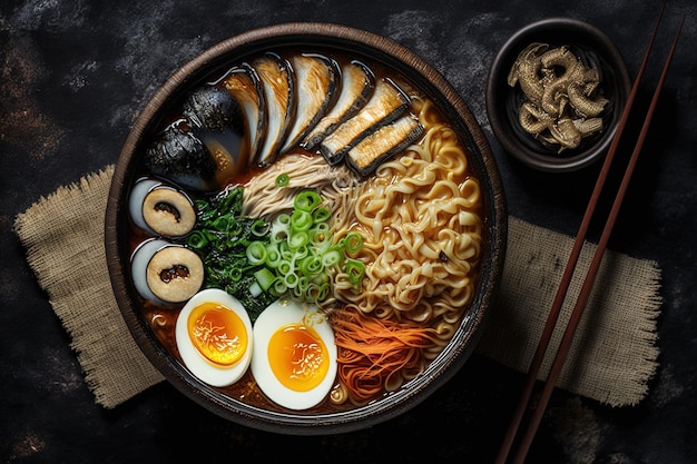 Flat ramen in a bowl setting generated by AI