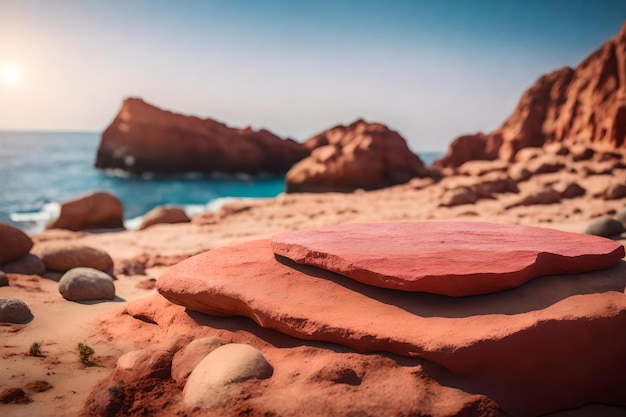 Flat red rock cosmetische podium achtergrond met rock by the sea hyperrealistische materialen