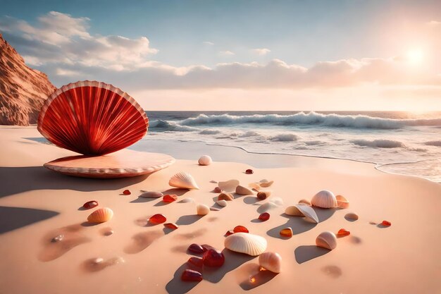 波状の海の美しい素材の貝殻を持つ平らな赤い石の化粧品の表彰台の風景