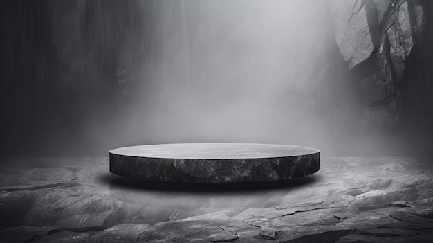 Flat round granite pedestal with small black stones around the granite on textured background and wa