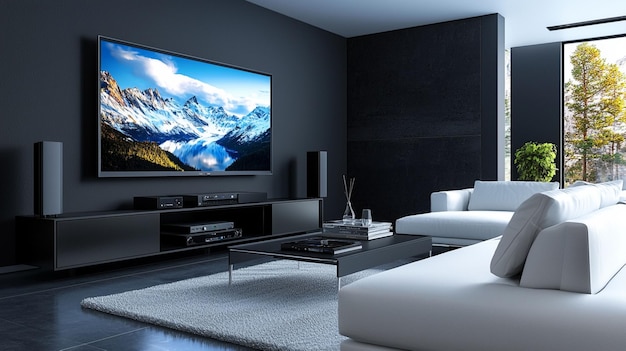 a flat screen tv is on a black wall with a mountain scene on the screen