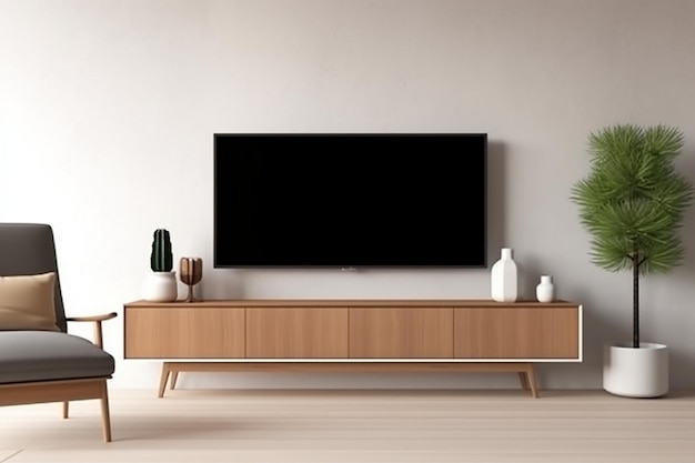 a flat screen tv is mounted on a wall with a plant in the corner.