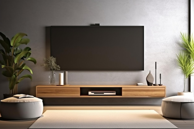 a flat screen tv is mounted on a wall with a wooden stand