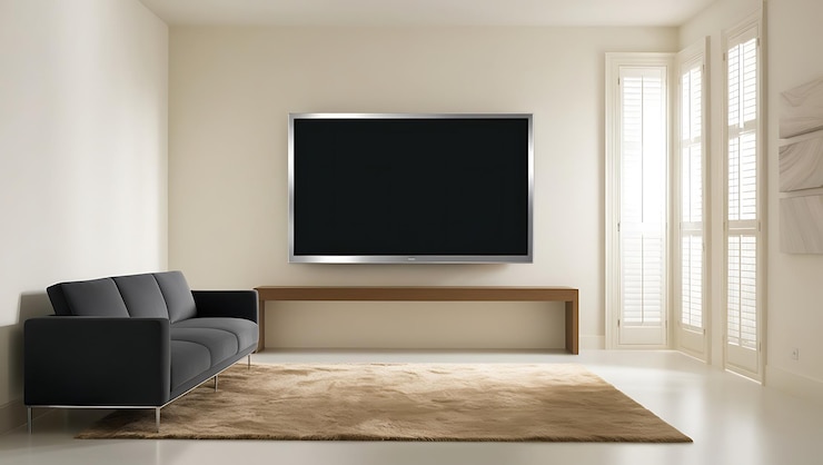 Photo a flat screen tv on a wall with a sofa and a window