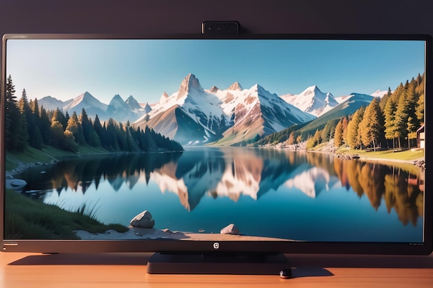 Foto una tv a schermo piatto con una scena di montagna sullo schermo.