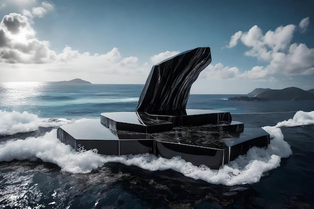 波状の海の超現実的な素材のそばに黒いトルマリンが入った平らなシルバーロックの化粧品の表彰台の背景