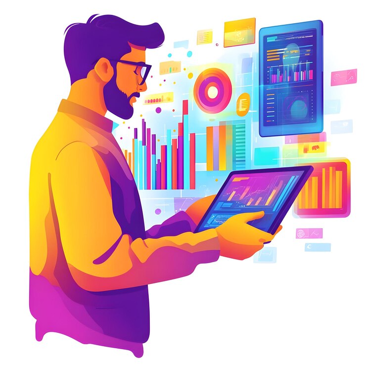 Photo flat social media analyst reviewing glossy engagement metrics concept as a social media analyst is f