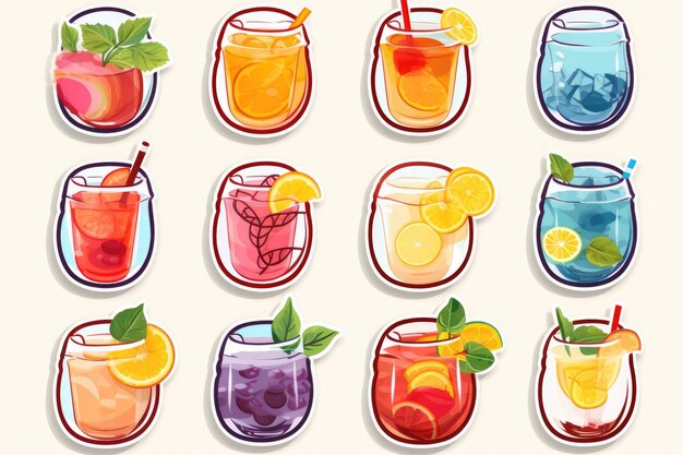 flat sticker with different fruit drink