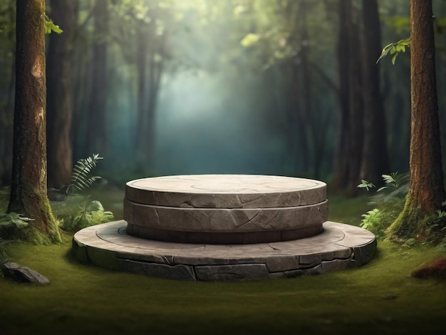 Flat stone podium in the magical forest empty round stand background