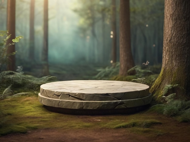 Flat stone podium in the magical forest empty round stand background