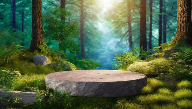 Flat stone podium in the magical forest empty round stand background