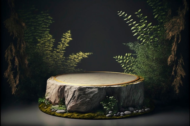 Flat stone podium in the magical forest illustration empty round stand background natural stage for cosmetic product display minimal design Created with Generative AI technology